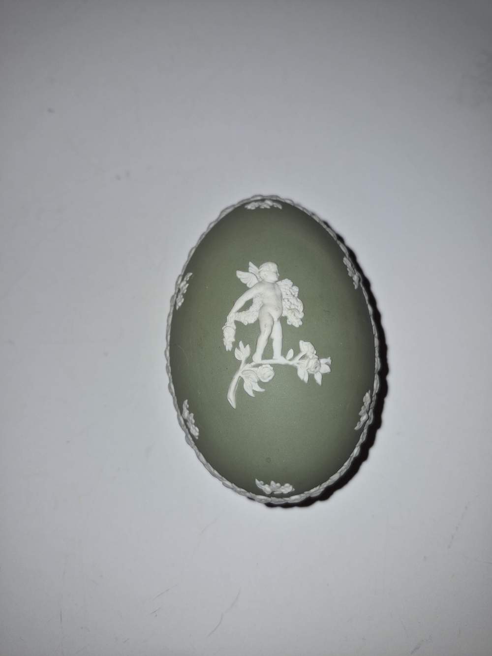 1984 Wedgwood Sage Green Jasperware Cherub Egg Trinket Box